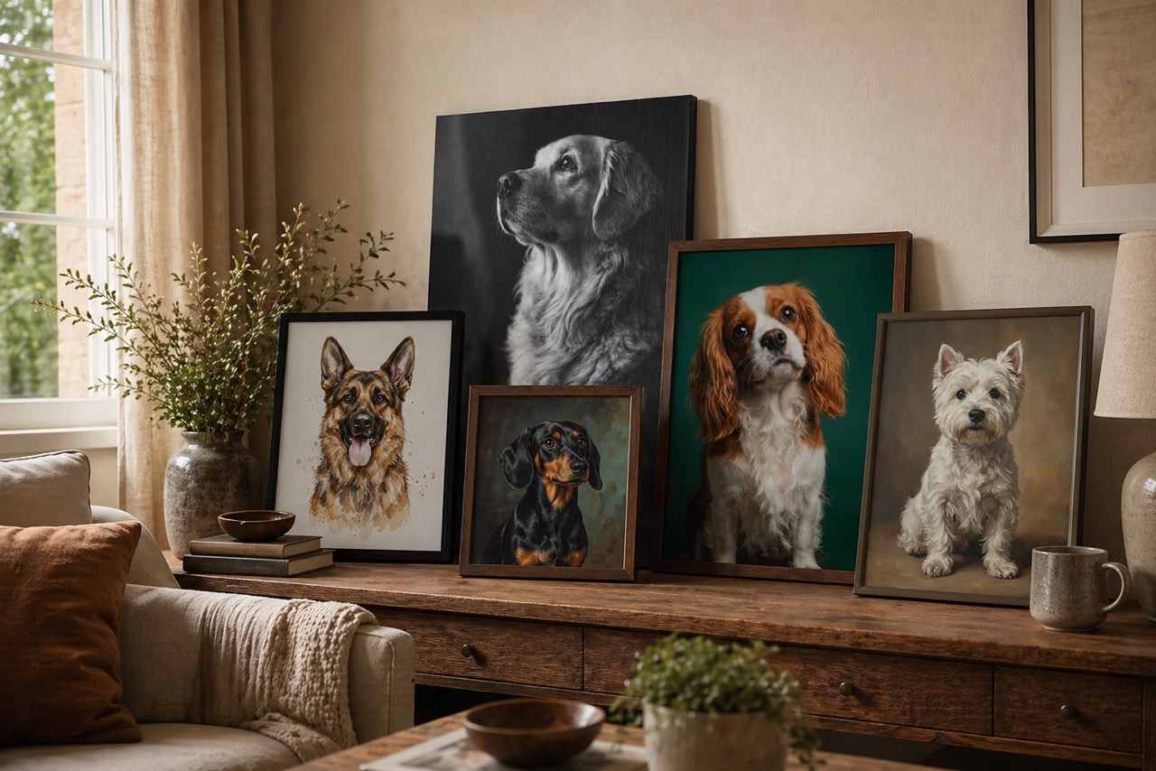 Custom pet portraits displayed together in a warm living room